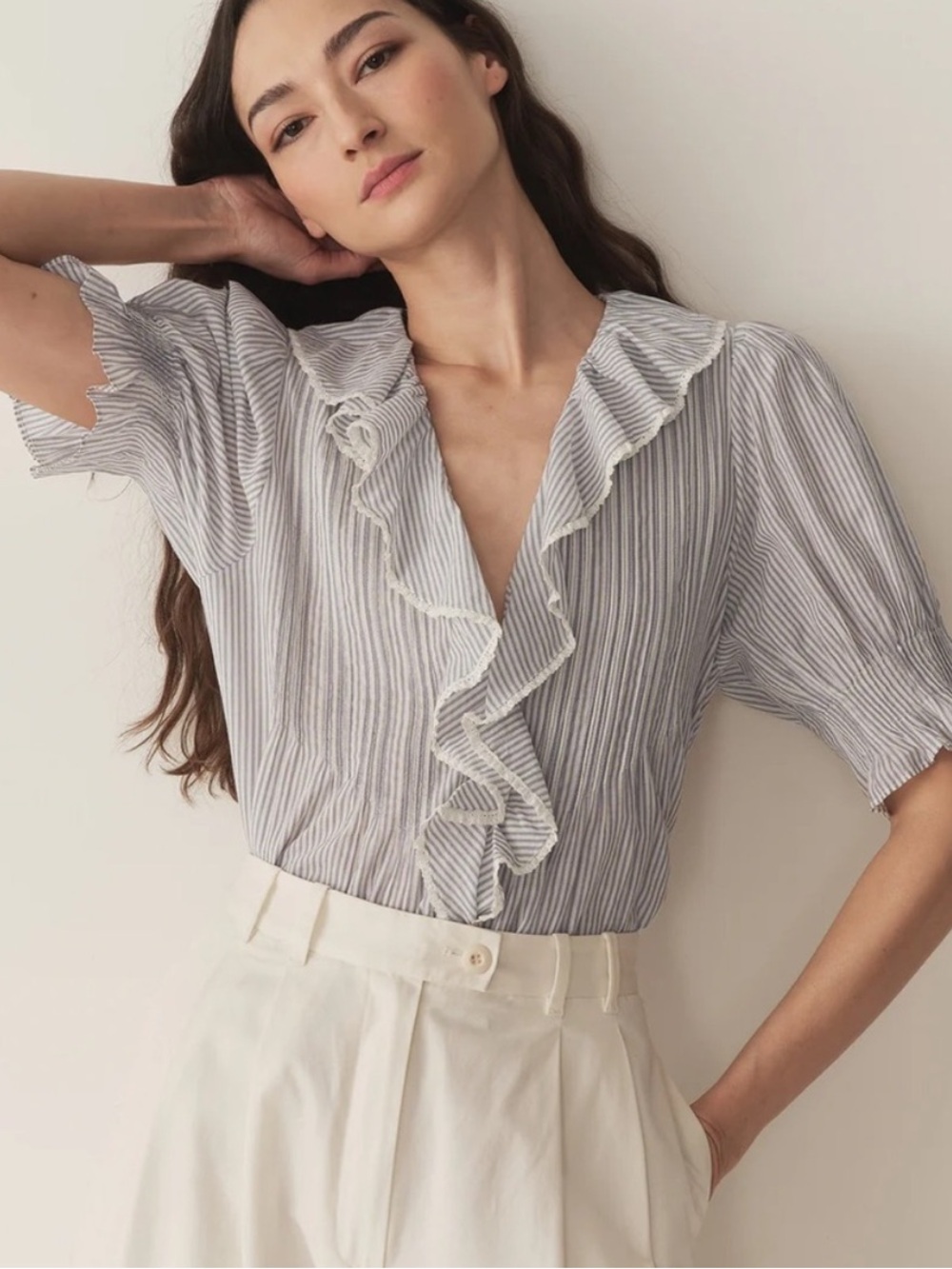 Doen Henri Cotton Ruffle Trim Pintuck Short Puff Sleeve Top Adelaide Stripe Blue